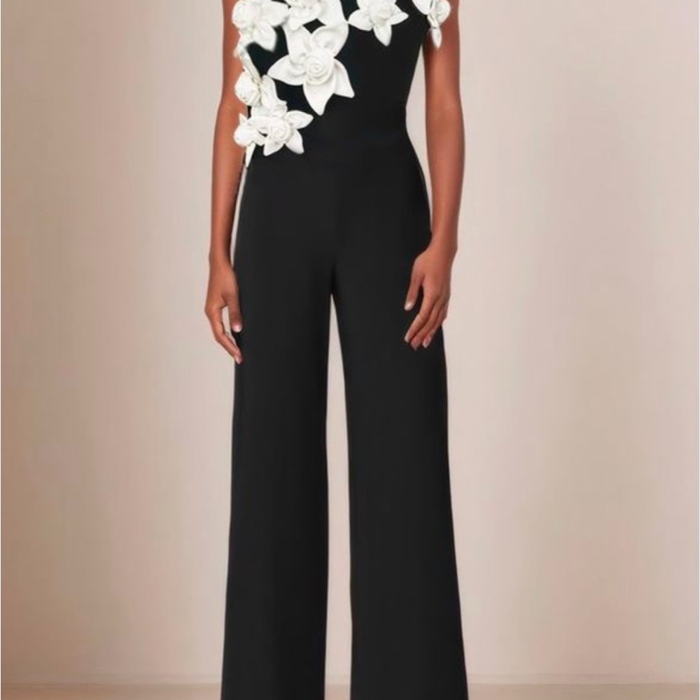Black and White Jumpsuit with Floral Detailing and Wide-Leg Design
